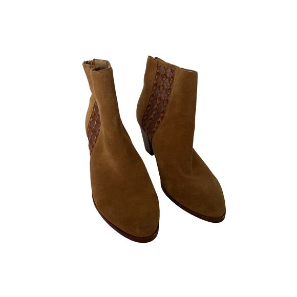 Anthropologie Women's Camel Suede Sheer Back Zip Boots Close Toe Tan Size 9M - Picture 2 of 12